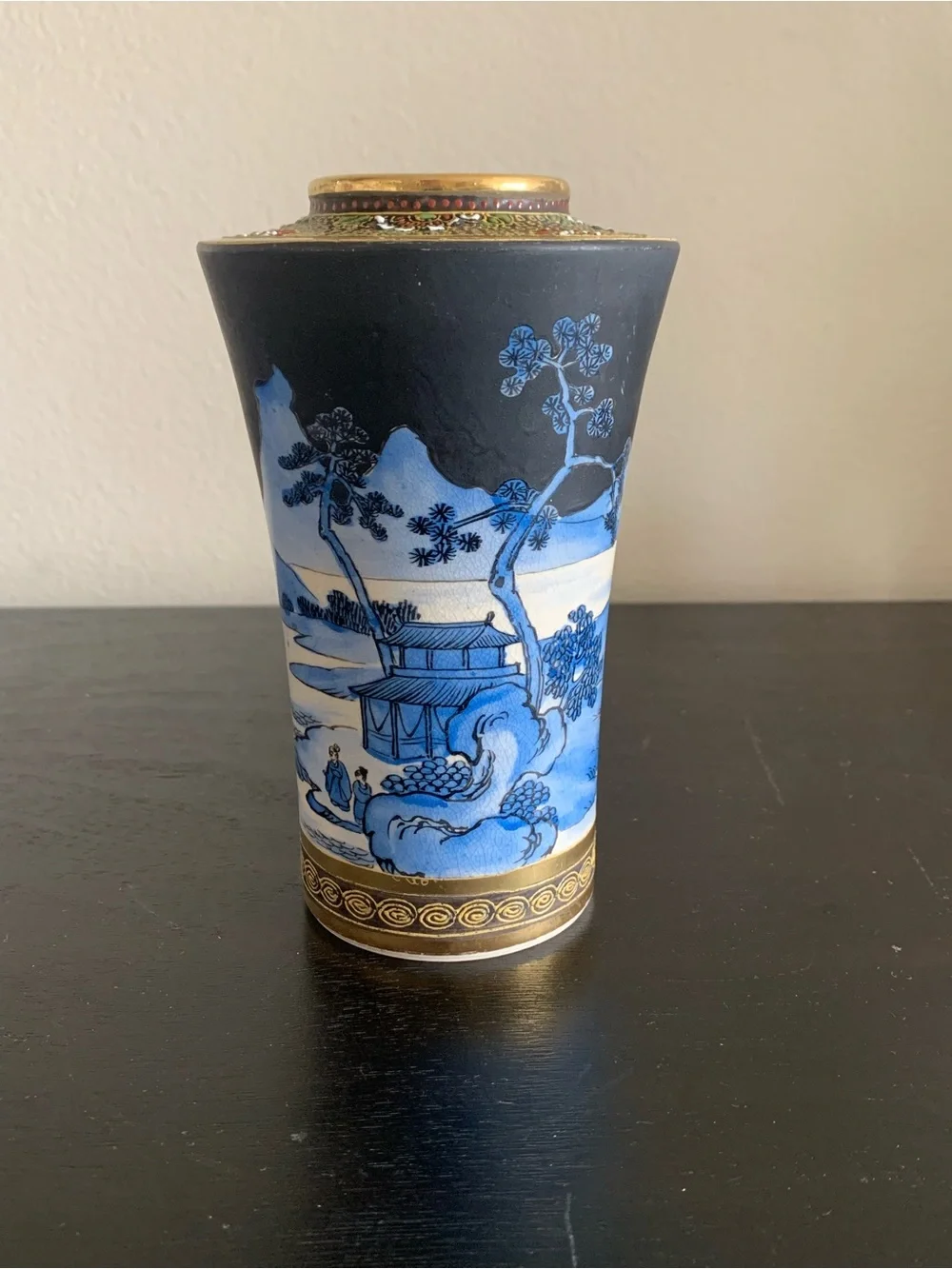 Antique Japanese Meiji Satsuma Vase Signed Kizan Matte Black Ground Landscape